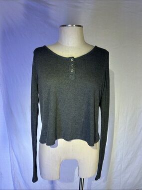Mimi Chica Dark Gray Waffle Henley Long Sleeve Top